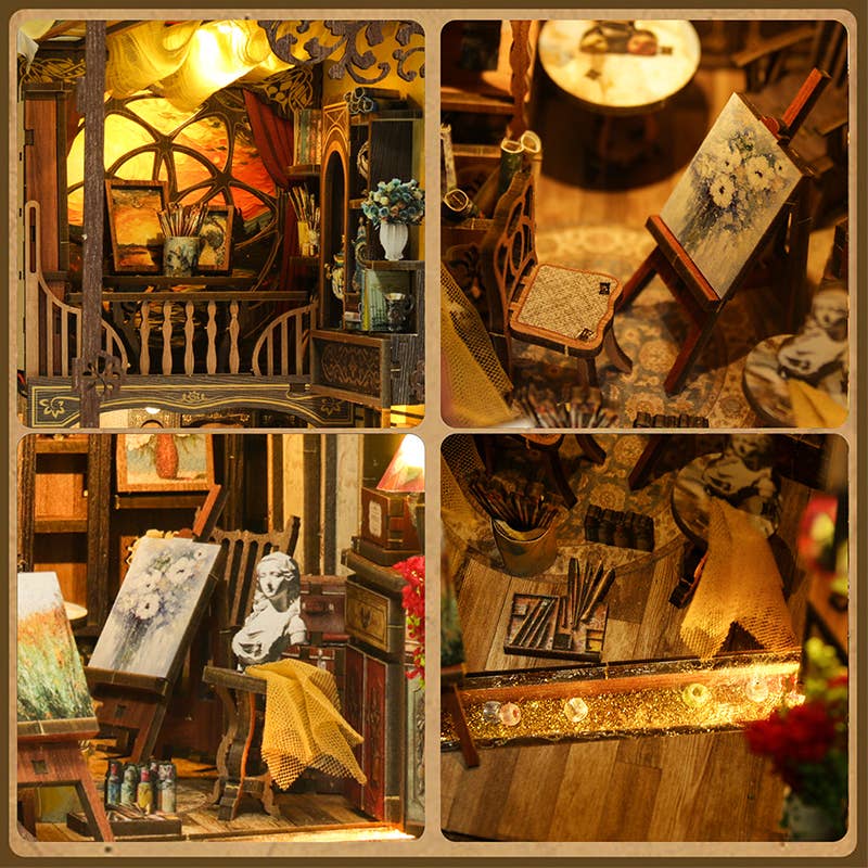 A collage of four photos features the Hands Craft DIY Book Nook Kit: Golden Twilight Studio—a cozy, miniature artist’s loft with easels, chairs, and art supplies aglow in warm light—ideal as a bookshelf insert.