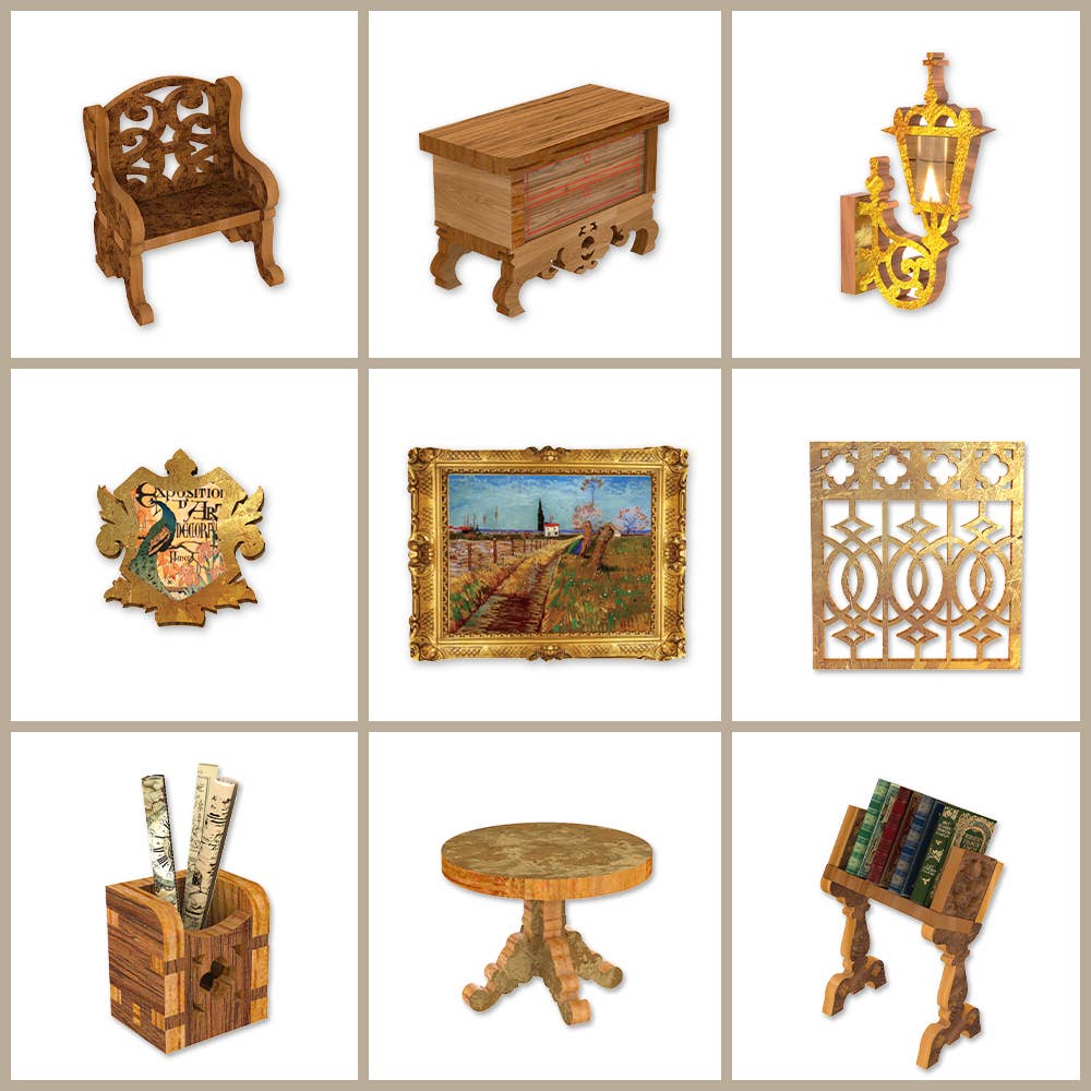 The Hands Craft DIY Book Nook Kit: Eternal Bookstore with Dust Cover features a 3x3 grid of wooden miniatures—chair, chest, lantern, crest, painting, panel, pencil holder, table, and book stand—perfect as a unique literary gift.