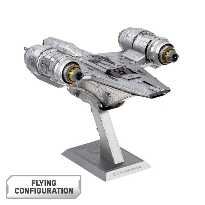 The Mandalorian Razor Crest Star Wars Premium Metal Earth DIY by Metal Earth is a sleek gray model kit with two large engines on a stand featuring the "Star Wars" logo and a "FLYING CONFIGURATION" label.