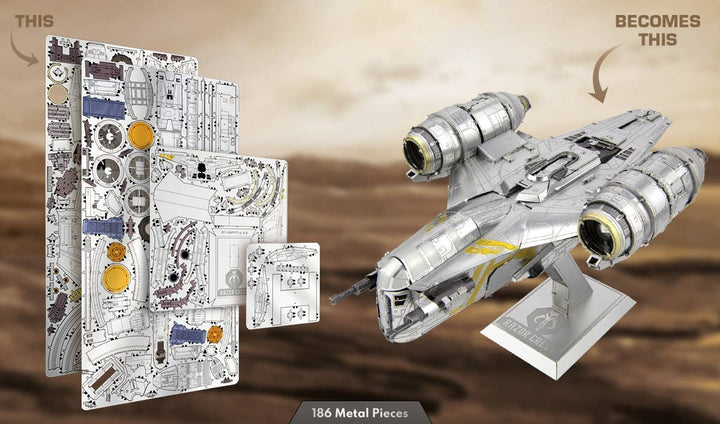 A Metal Earth sheet with parts on the left transforms into a detailed Mandalorian Razor Crest Star Wars Premium Metal Earth DIY model on a stand. Text: "THIS BECOMES THIS" and "186 Metal Pieces." A Star Wars DIY model by Metal Earth.