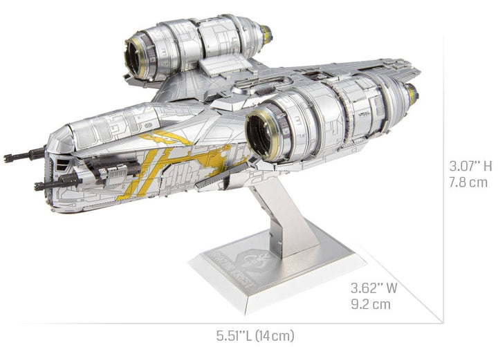 The Metal Earth Mandalorian Razor Crest Star Wars Premium DIY model kit features silver and yellow details on a display stand. Dimensions: 5.51" x 3.62" x 3.07". Perfect for collectors and fans of The Mandalorian.