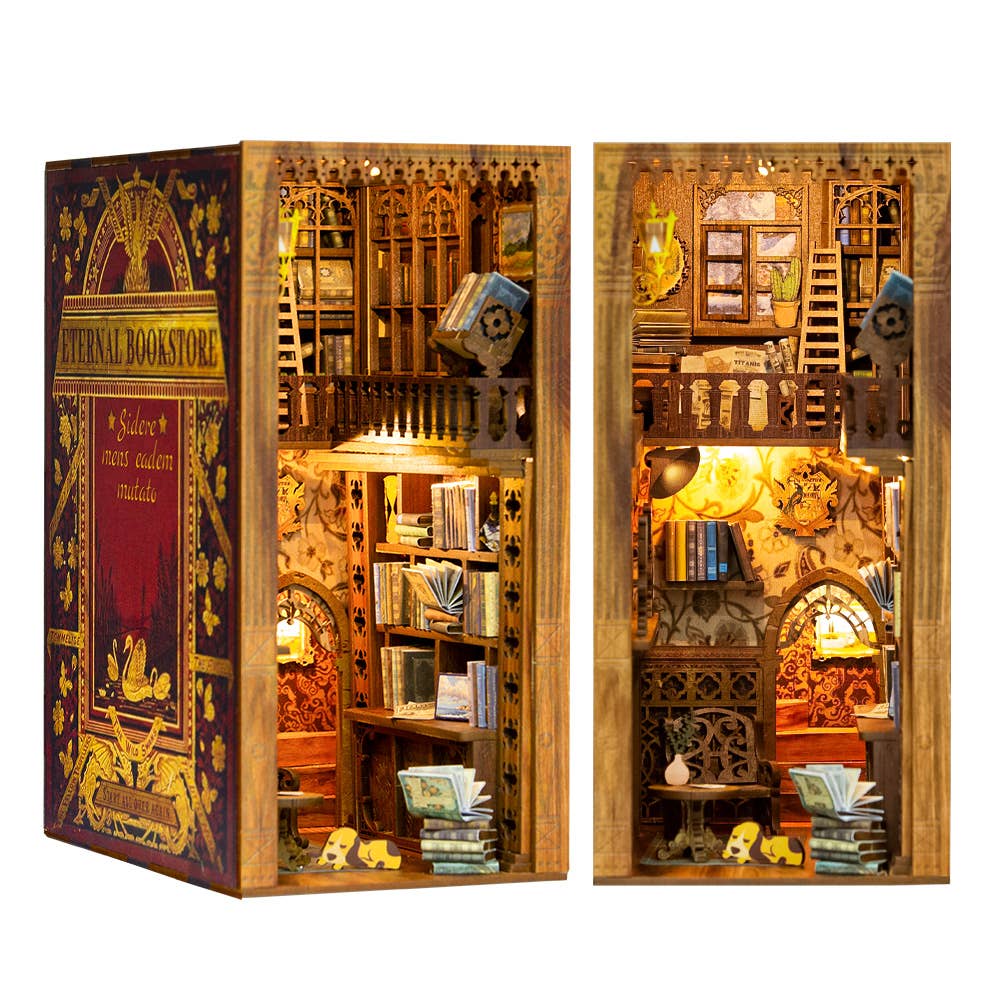 The Hands Craft DIY Book Nook Kit: Eternal Bookstore with Dust Cover features ornate bookshelves, glowing lights, ladders, and cozy reading nooks—a charming miniature set ideal as a magical literary gift for book lovers.