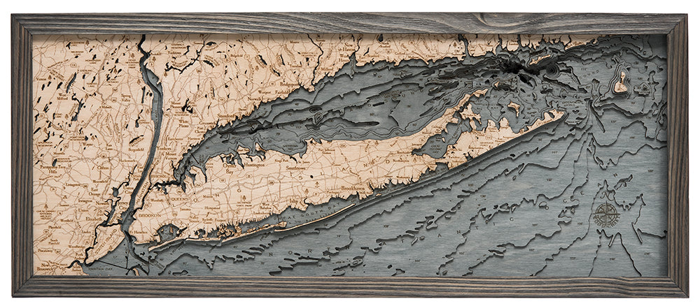 WoodChart’s Long Island Sound 13.5" x 31" wooden map features engraved labels, a compass rose, and contrasting wood tones to highlight land and water, all set in a sleek grey rectangular frame.
