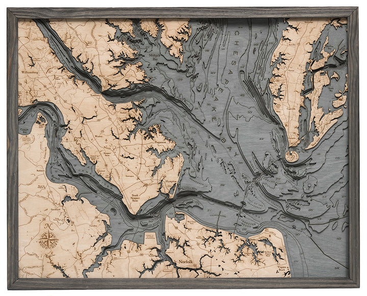 WoodChart’s Norfolk VA 24.5 x 31 GreyFrame is a detailed, layered wooden map of coastal Virginia and the Chesapeake Bay, featuring engraved cities and landmarks in natural and gray tones with a stylish wood frame.