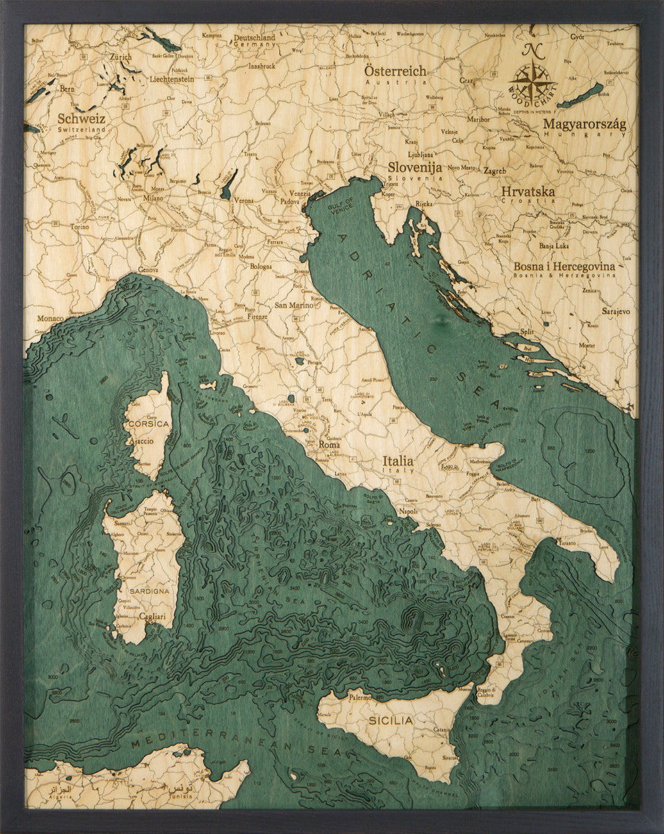 WoodChart’s Italy 24.5" x 31" Black Frame features a vintage-style map of Italy and neighboring countries, including Austria, Slovenia, Hungary, Croatia, Bosnia and Herzegovina, plus islands like Corsica, Sardinia, and Sicily with labeled details.