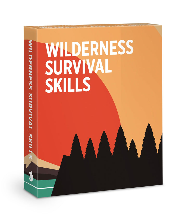 The Pomegranate book "Wilderness Survival Skills," endorsed by the Sierra Club, has a stylized cover with an orange and beige background, a red sun, and a silhouette of pine trees—ideal for adventurers aiming to explore the backcountry safely.