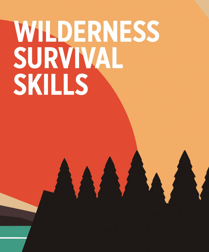 Illustration of a sunset over a forest silhouette with bold white text "WILDERNESS SURVIVAL SKILLS" at the top left. The background has stylized geometric shapes in orange and beige, ideal for backcountry enthusiasts honing skills. Product Name: Wilderness Survival Skills, Brand: Pomegranate.