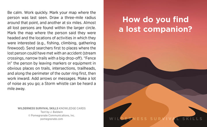 An illustration depicts a large mountain and smaller hills at sunset in orange, purple, and black hues. The text reads, "How do you find a lost companion?" Wilderness Survival Skills by Pomegranate offers tips on marking their last location, inspired by the Sierra Club guidance.