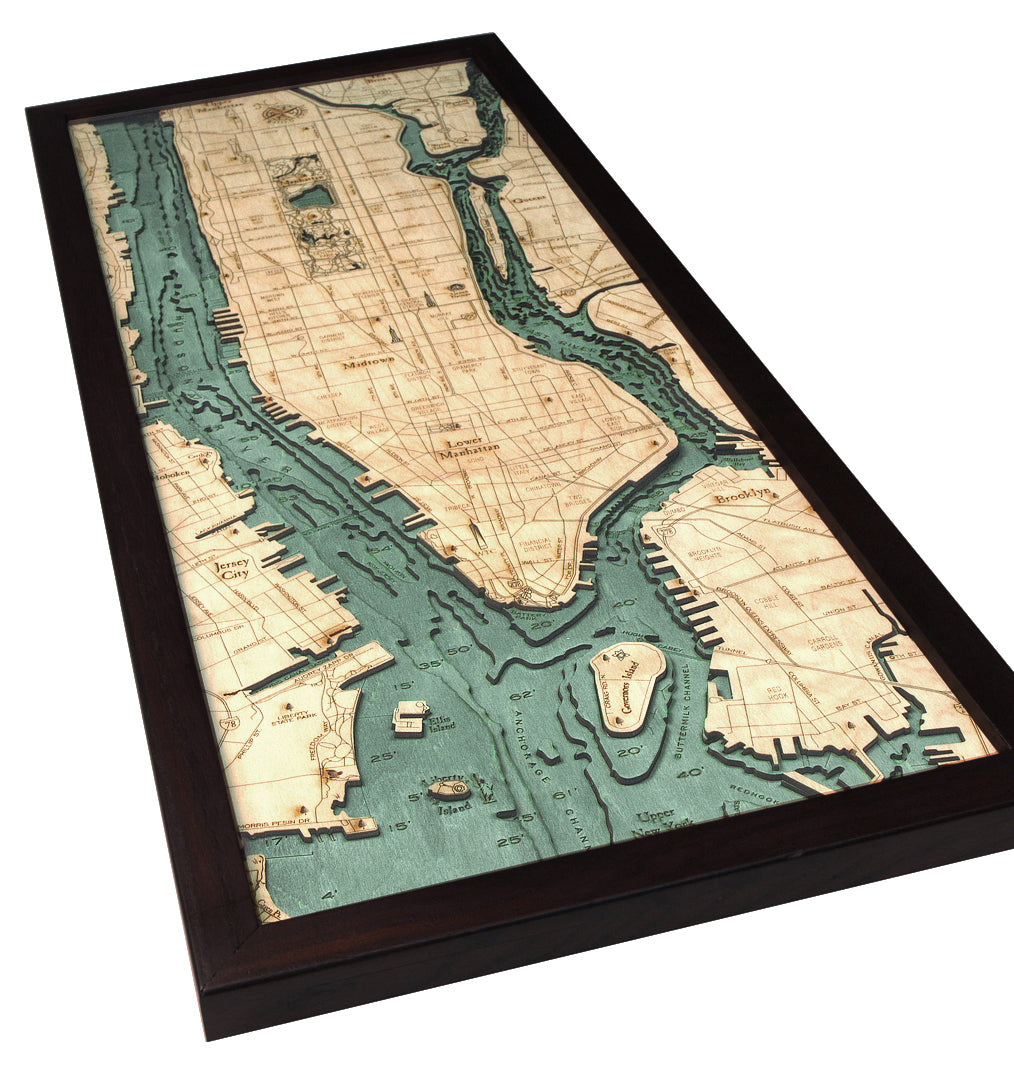 The WoodChart Manhattan 13.5" x 31" Black Frame features a detailed 3D map of Manhattan and nearby areas, with raised relief highlighting streets, landmarks, and blue waterways in a stylish black frame.