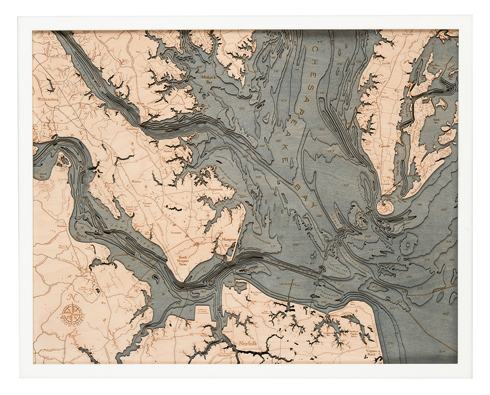 WoodChart’s Norfolk VA 24.5 x 31 White Frame features a detailed vintage-style map of the Chesapeake Bay area, with labeled waterways, islands, and land features in blue and tan tones plus a compass rose in the lower left corner.