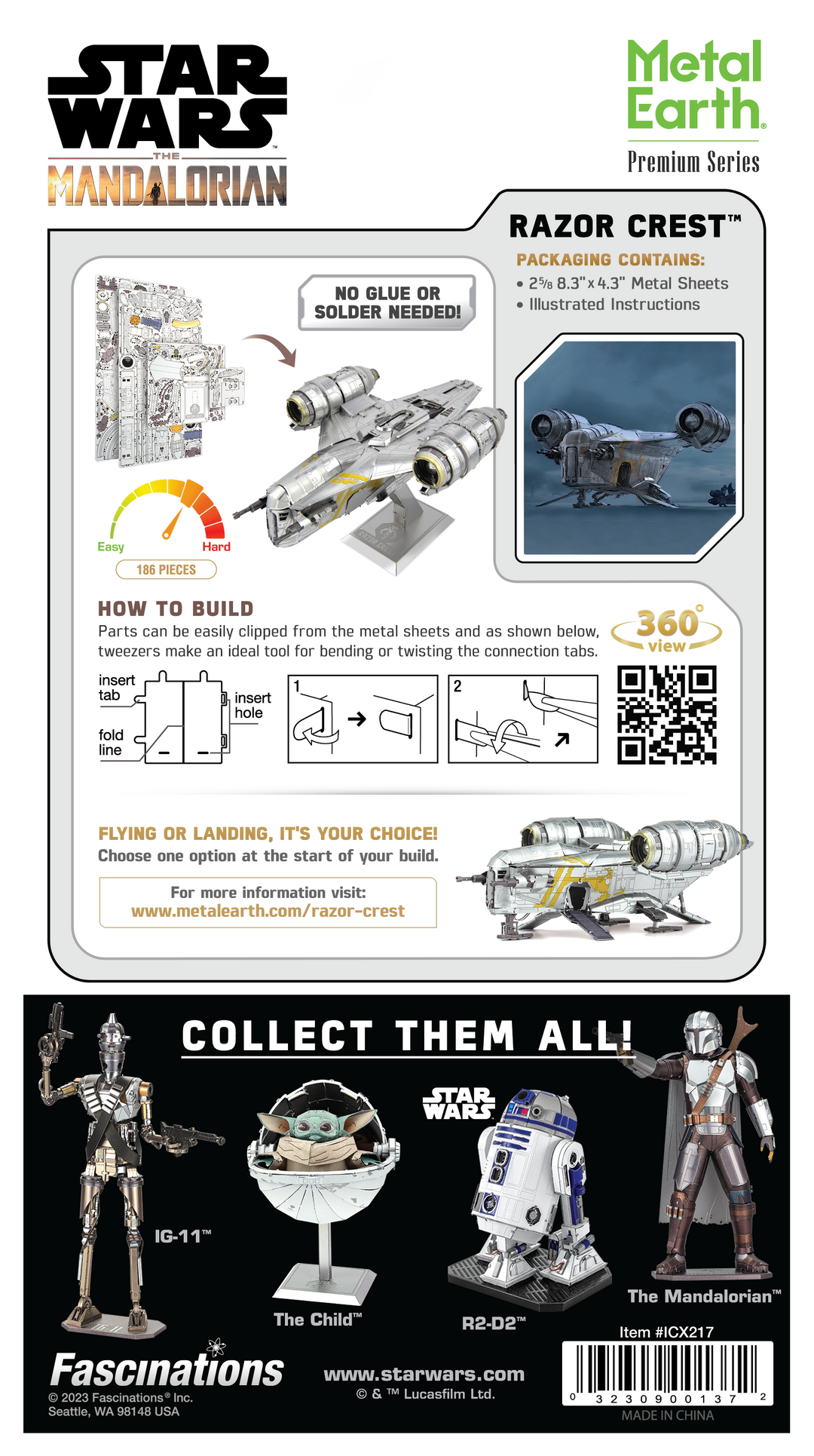 Back of a Metal Earth Mandalorian Razor Crest Star Wars Premium DIY kit package, showing assembly instructions, kit contents, images of the finished model, and collectible figures at the bottom.