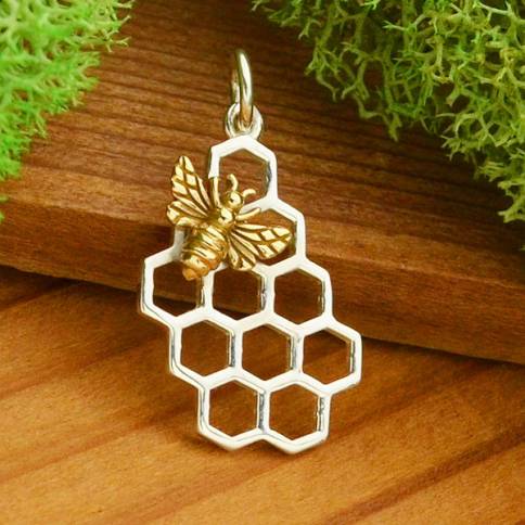 Sterling Silver Honeycomb Charm with Bronze Bee