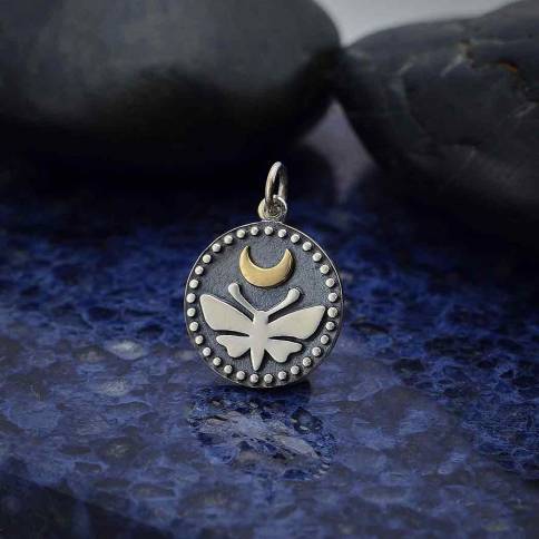 Sterling Silver Moth Charm with Bronze Moon and Do
