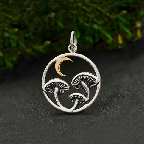 18 Inch Silver  Mushroom Necklace with Bronze Moon