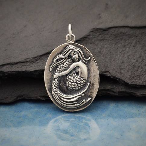 Sterling Silver Mermaid Pendant on Oval Medallion