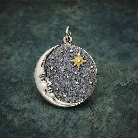 Silver Crescent Moon Face Pendant with Bronze Star