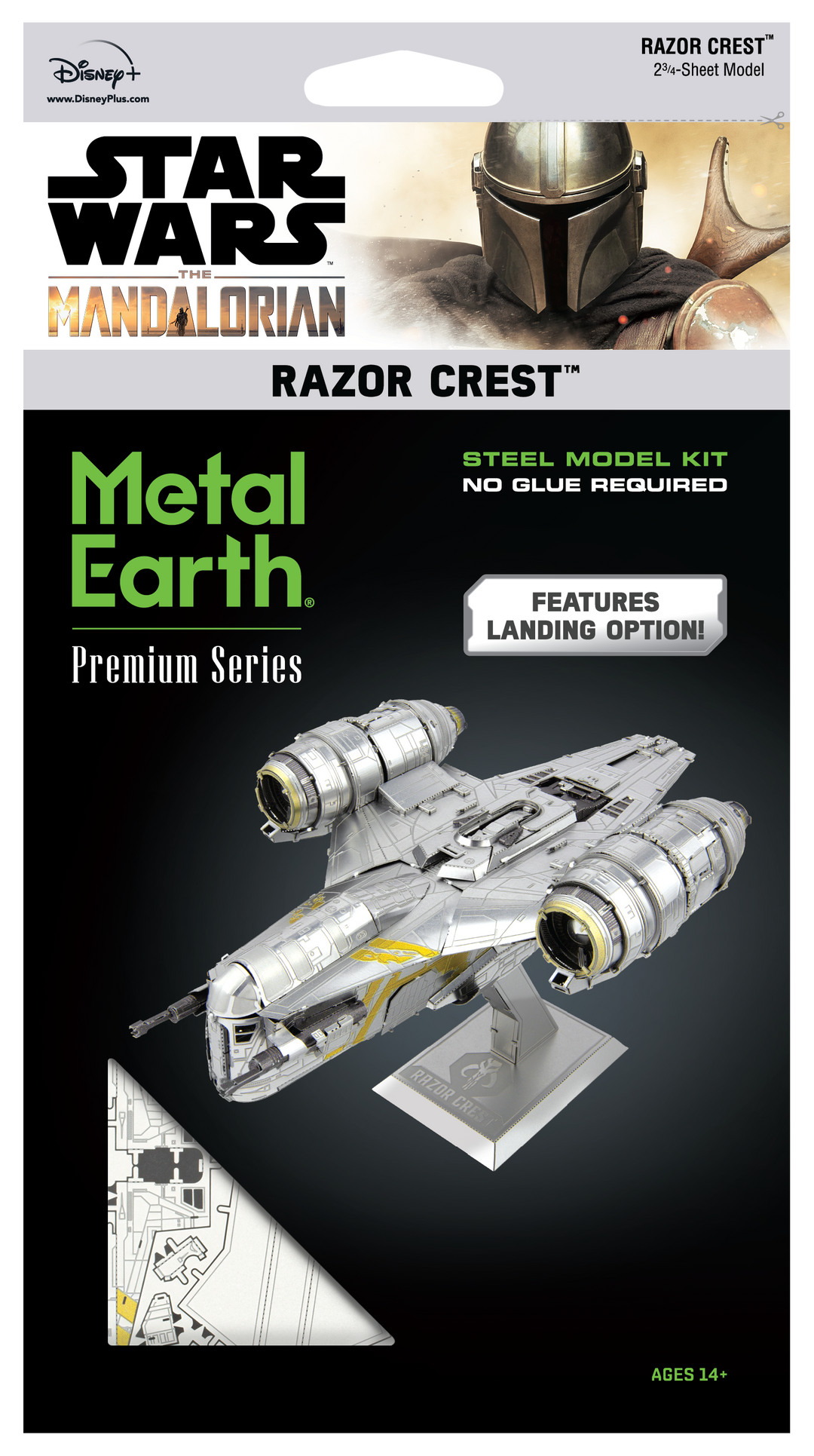 Packaging for the Metal Earth Mandalorian Razor Crest Star Wars Premium DIY kit displays the finished model, highlights no-glue assembly, and features its landing mode option.