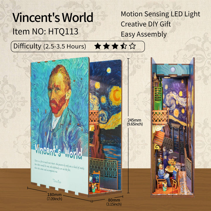 The Hands Craft DIY Book Nook Kit: Vincent's World is a 3D miniature room inspired by Van Gogh’s art, featuring colorful packaging, assembly details, difficulty rating, dimensions, a motion sensor LED light, and creative gift text.