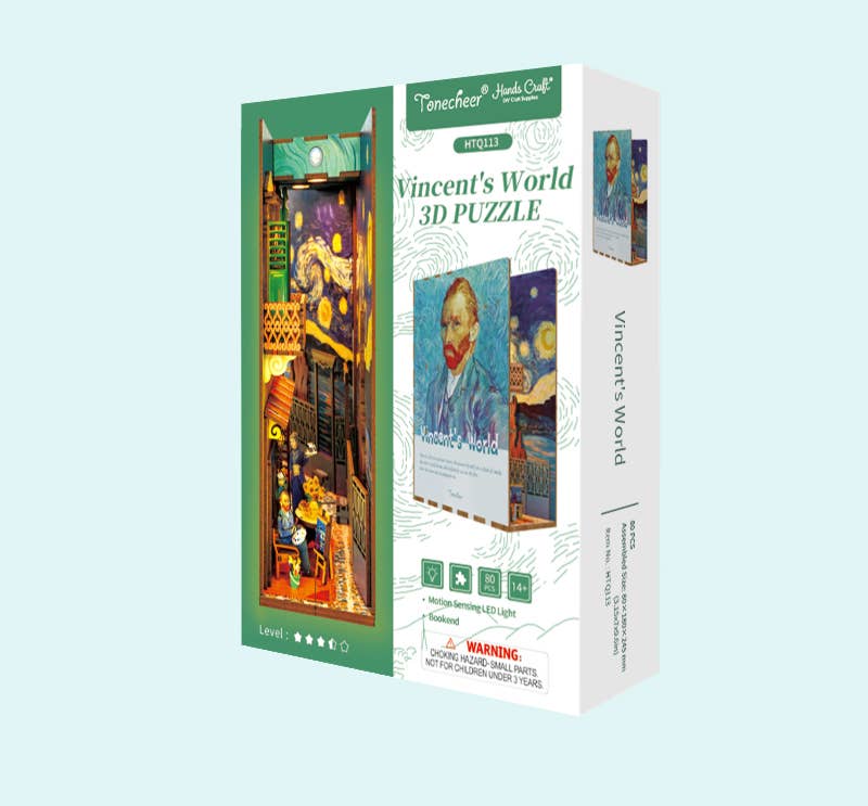 Hands Craft’s DIY Book Nook Kit: Vincent's World features 3D Van Gogh-inspired artwork, including "Starry Night" and his portrait; a Level 1 puzzle kit for ages 14+, perfect as a Van Gogh bookshelf insert.