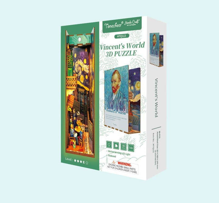 Hands Craft’s DIY Book Nook Kit: Vincent's World features 3D Van Gogh-inspired artwork, including "Starry Night" and his portrait; a Level 1 puzzle kit for ages 14+, perfect as a Van Gogh bookshelf insert.