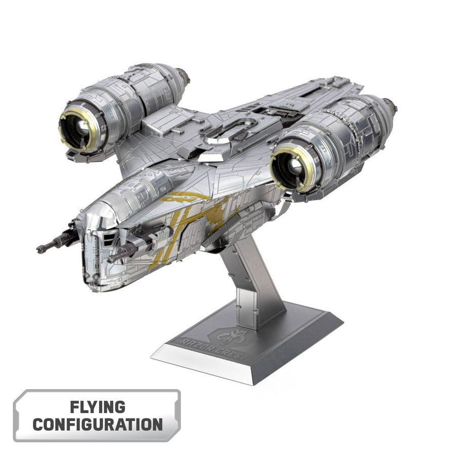 The Mandalorian Razor Crest Star Wars Premium Metal Earth DIY by Metal Earth features a detailed silver spaceship with twin engines and yellow accents, displayed on a "Star Wars" stand—ideal for collectors. Caption: "FLYING CONFIGURATION.