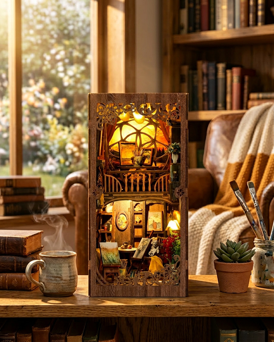 A cozy, sunlit library with a wooden book nook featuring Hands Craft’s DIY Book Nook Kit: Golden Twilight Studio—an illuminated miniature artist’s studio—surrounded by books, a steaming mug, and a potted succulent on a wooden table.