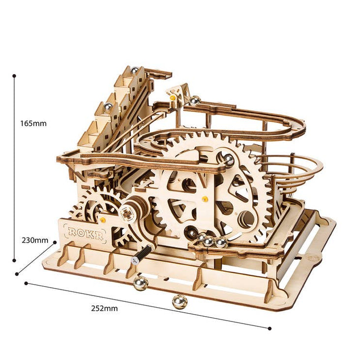 The Hands Craft DIY Marble Run Parkour is a complex 3D wooden puzzle with interlocking gears and ramps, measuring 252mm x 230mm x 165mm. It is crafted from precision-cut wood pieces and includes small metal marbles for endless fun.