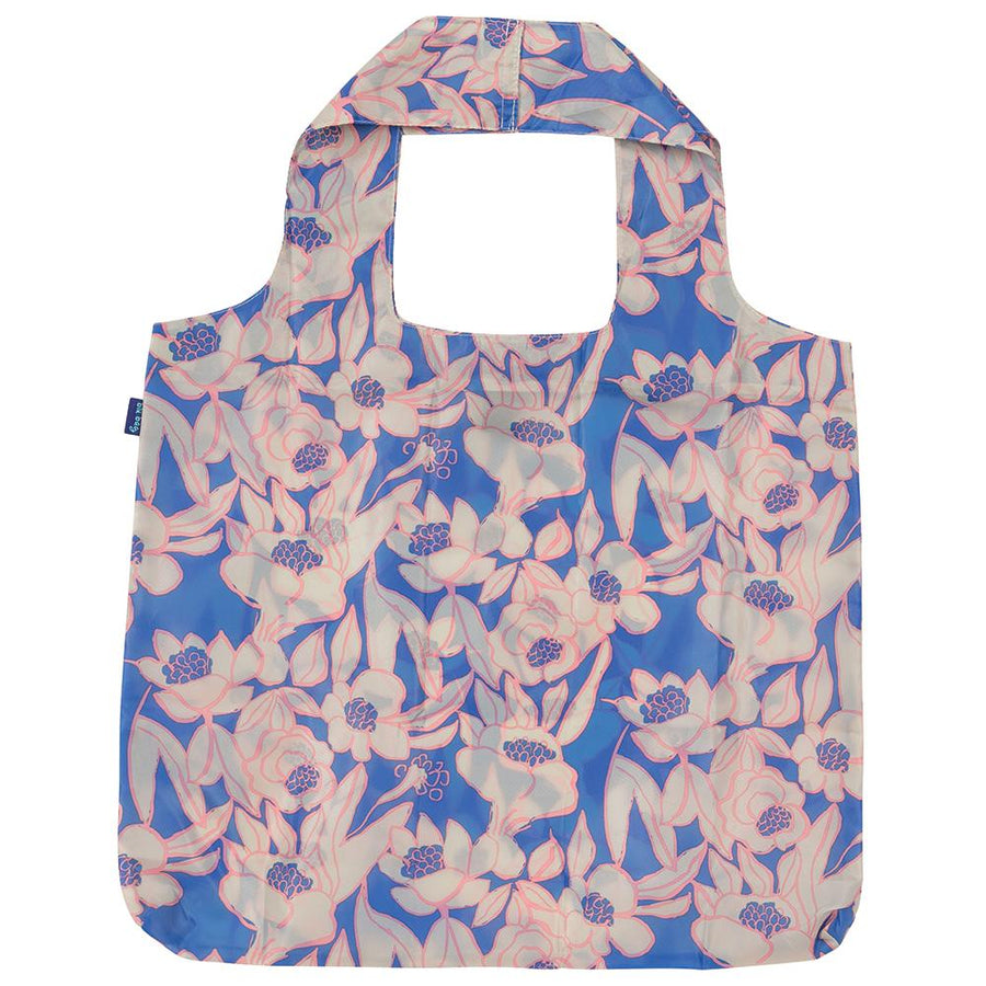 The Rosaliei Reusable Bag by zzzRockFlowerPaper is an eco-friendly shopping bag with a floral design, showcasing pink flowers and leaves on a blue backdrop. Its lightweight, sturdy handles make it ideal for those embracing an environmentally conscious lifestyle.