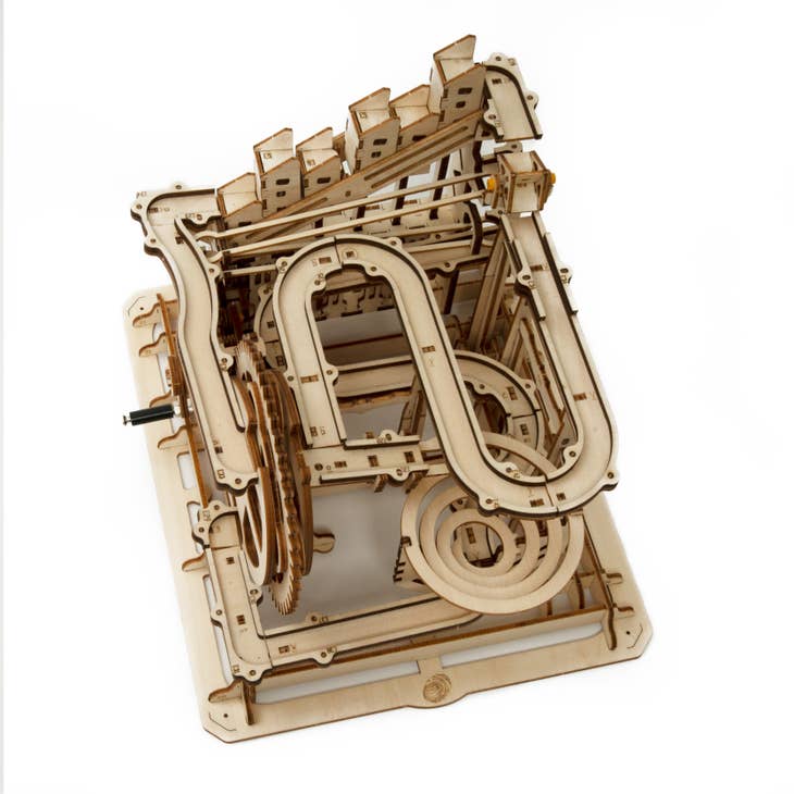 The DIY Marble Run Parkour by Hands Craft is a 3D wooden puzzle featuring intricate marble run pathways, spiral loops, and a waterwheel coaster set on a rectangular base.