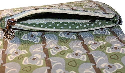 The Large Wristlet Koala by Bungalow 360 features a vegan cotton canvas pouch with a peace sign zipper pull. The green fabric displays unique designs of koalas hugging trees and hearts, while the interior lining is green with white polka dots.