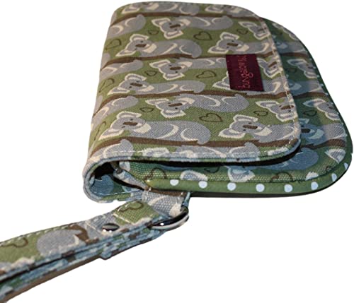 The Bungalow 360 Large Wristlet Koala is a green fabric wallet made from cotton canvas, featuring gray koalas with hearts. This vegan-friendly accessory has a strap, maroon tag, and a polka dot interior design for unique style.