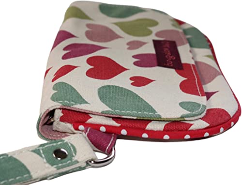 The Large Wristlet Hearts by Bungalow 360 is a vibrant fabric wallet adorned with distinctive heart patterns in shades of red, green, and beige. Made from cotton canvas, it includes a small strap and is accented with a red dotted trim.