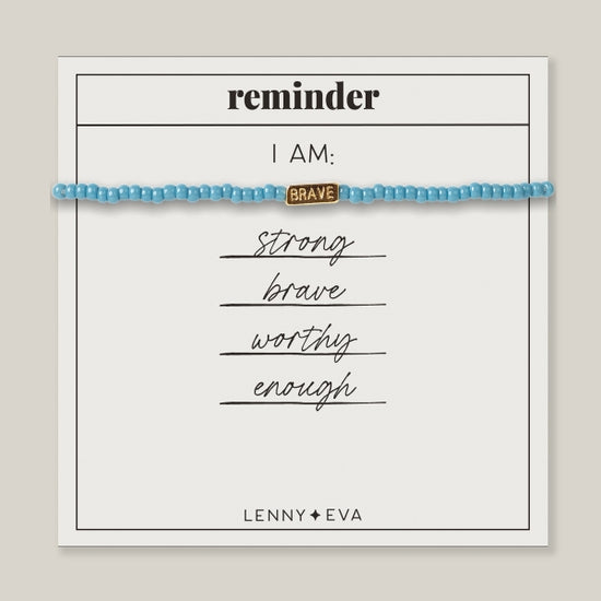 The Maggie Bracelet - Brave by Lenny & Eva is a handcrafted beaded design with glass seed beads spelling "BRAVE" on a card affirming you are strong, brave, worthy, enough. This inspiring piece is carefully crafted in Tennessee.