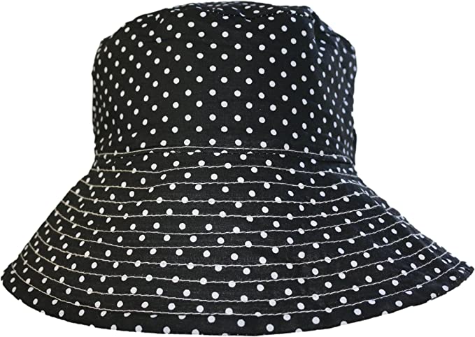Introducing the Beach Hat Bat by Bungalow 360: A black bucket hat with a chic white polka dot pattern. This stylish accessory features a wide brim adorned with concentric stitching details, adding to its casual and sophisticated look. This packable and reversible beach hat combines versatility with unique charm, perfect for any sunny day outing.