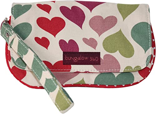 Introducing the Large Wristlet Hearts by Bungalow 360—a zippered clutch made from vegan cotton canvas, featuring a vibrant heart pattern in red, green, and purple. This charming wristlet comes with a matching strap and prominently displays the "Bungalow 360" label, highlighting its unique design that makes each piece genuinely special.