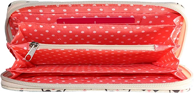 The Zipper Wallet Bat by Bungalow 360 showcases an open design with a charming red polka dot interior made from cotton canvas. It features distinctive patterns, multiple compartments, a zippered pocket, and a visible pink card slot—perfect for animal and pet lovers looking for both style and functionality.