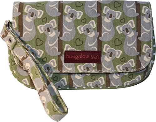The Bungalow 360 Large Wristlet Koala is a green cotton canvas clutch adorned with cartoon koalas and hearts, featuring a fabric strap and a maroon tag on the front. Its design not only highlights its charm but also emphasizes its 100% vegan commitment.