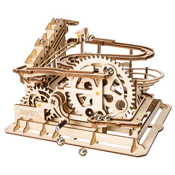 The DIY Marble Run Parkour by Hands Craft is a captivating 3D wooden puzzle featuring intricate gears and tracks, where silver marbles navigate winding paths resembling a waterwheel coaster, showcasing meticulous engineering with a natural wood finish.