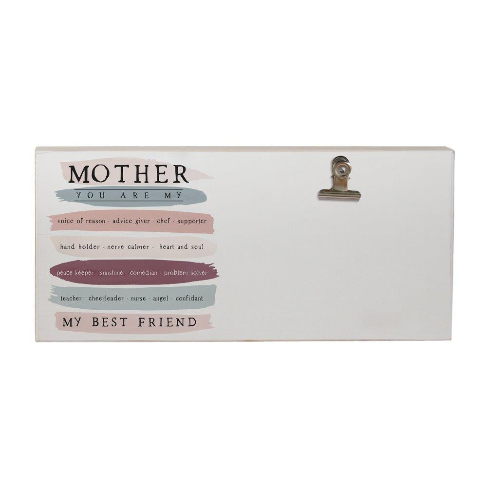 A handcrafted wooden plaque from SincereSurroundings, titled "Mother You Are My," features a photo clipboard and reads: "Mother, you are my voice of reason, advice giver, chef, supporter, hand holder, nerve calmer, heart and soul, peace keeper, sunshine, comedian, problem solver, teacher, cheerleader, nurse, angel confidant—my best friend.