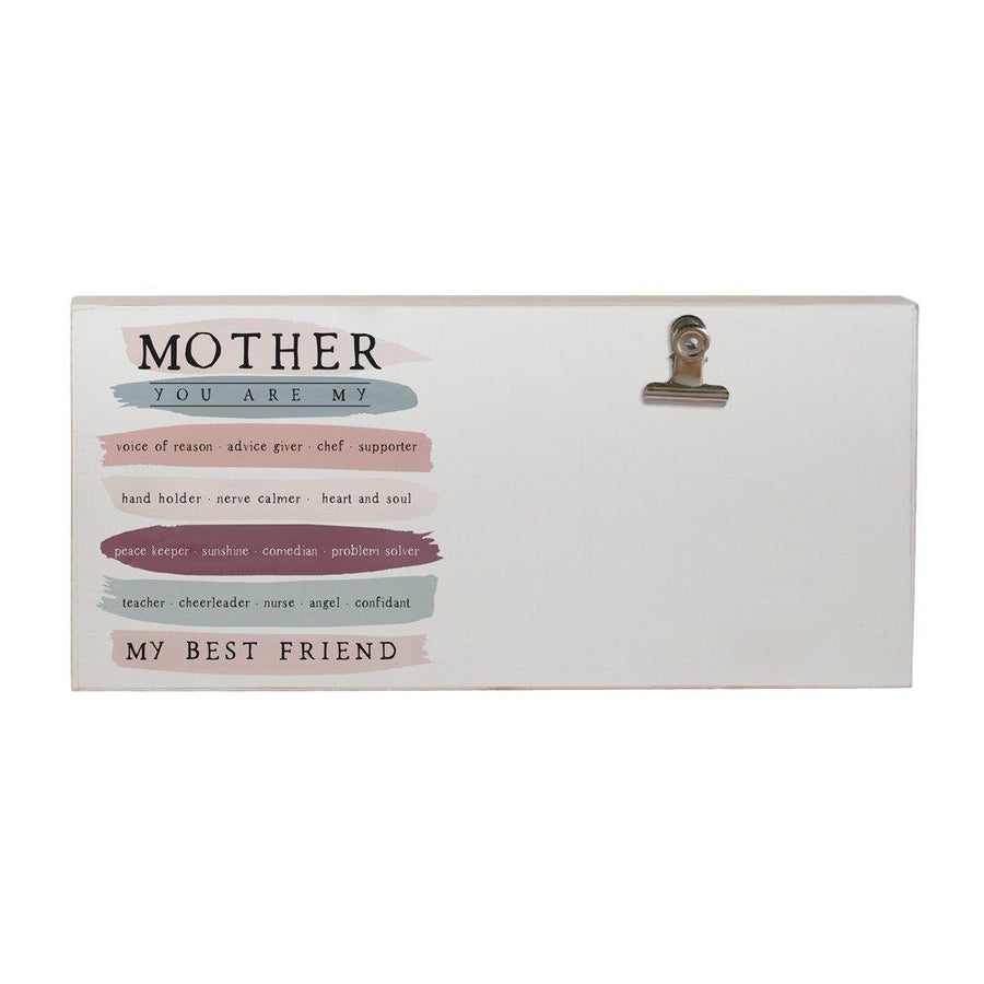 A handcrafted wooden plaque from SincereSurroundings, titled "Mother You Are My," features a photo clipboard and reads: "Mother, you are my voice of reason, advice giver, chef, supporter, hand holder, nerve calmer, heart and soul, peace keeper, sunshine, comedian, problem solver, teacher, cheerleader, nurse, angel confidant—my best friend.
