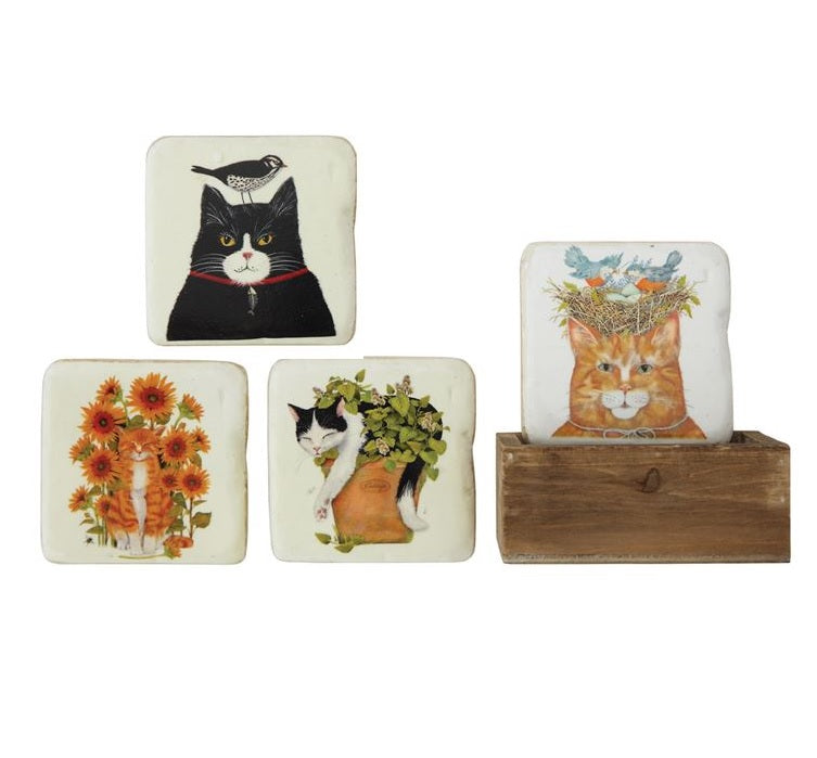 Coasters w/ Cat in Wood Box