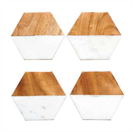 Marble & Mango Wood Hexagon Shaped Coasters