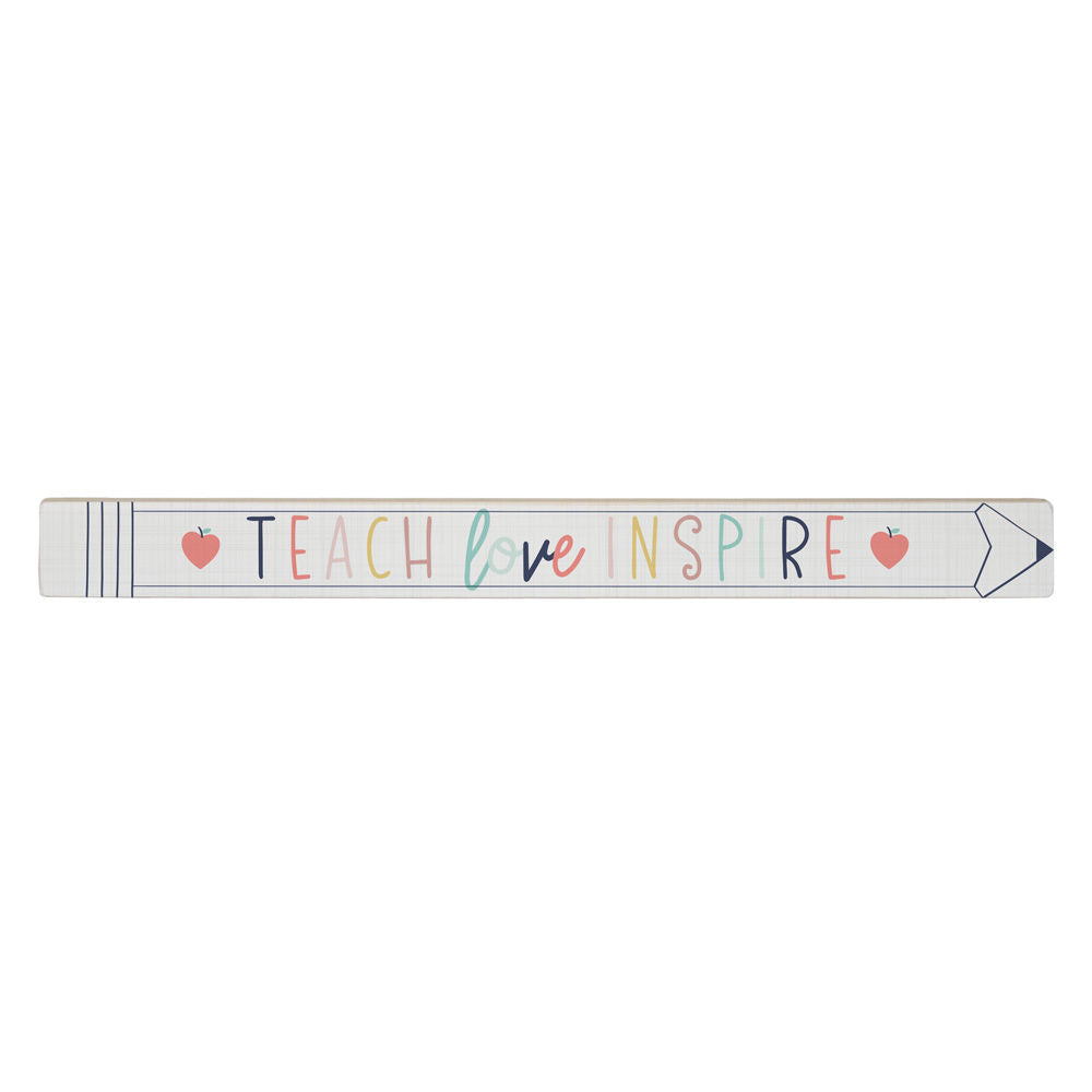 A handcrafted, elongated rectangular sign by SincereSurroundings, made from genuine wood, proudly displays the phrase "TEACH love INSPIRE" in vibrant letters. Each side is adorned with small red apple icons, and an arrow design decorates the right end for convenient display.