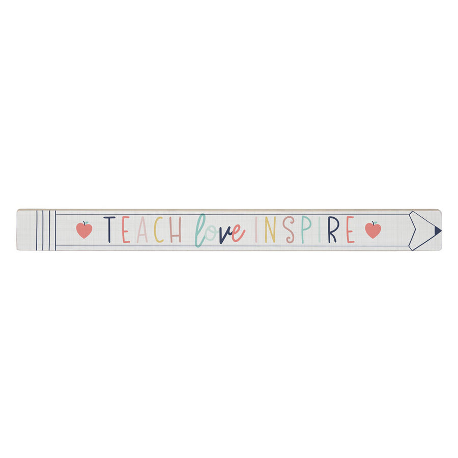 A handcrafted, elongated rectangular sign by SincereSurroundings, made from genuine wood, proudly displays the phrase "TEACH love INSPIRE" in vibrant letters. Each side is adorned with small red apple icons, and an arrow design decorates the right end for convenient display.