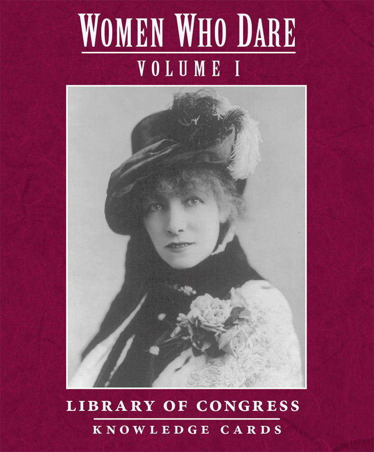 Cover of Pomegranate's "Women Who Dare Knowledge Deck." It features a black-and-white photograph of an inspiring woman in vintage attire, including a large hat adorned with feathers and a decorative scarf, set against a burgundy background.