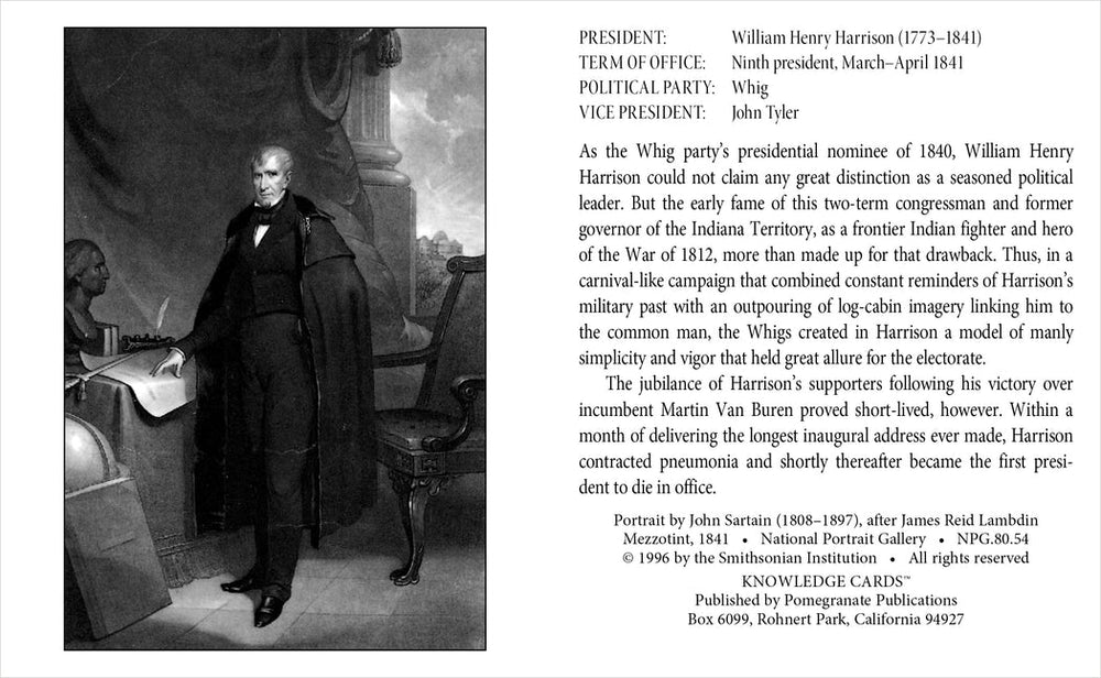 A man stands in a formal pose, dressed in 19th-century attire, in front of a table with a globe and documents. The background shows a dramatic outdoor scene with a tree and stormy skies. Displayed at the National Portrait Gallery, the text beside this image from "American Presidents" by Pomegranate provides biographical details of President William Henry Harrison.