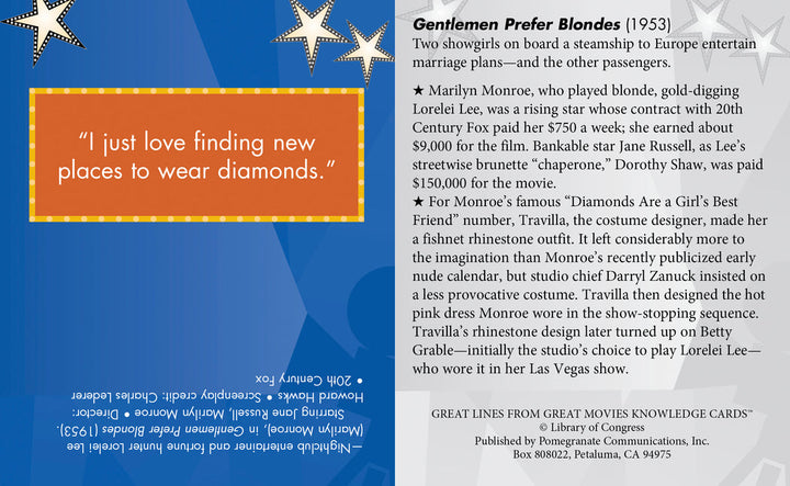 A movie-themed trading card from Pomegranate's "Great Lines Great Movies Vol 1" featuring the 1953 film "Gentlemen Prefer Blondes." It includes classic lines from the film, a brief synopsis, trivia about Marilyn Monroe's role, costume details, and publishing information. The background design showcases star and film reel motifs akin to Knowledge Cards.