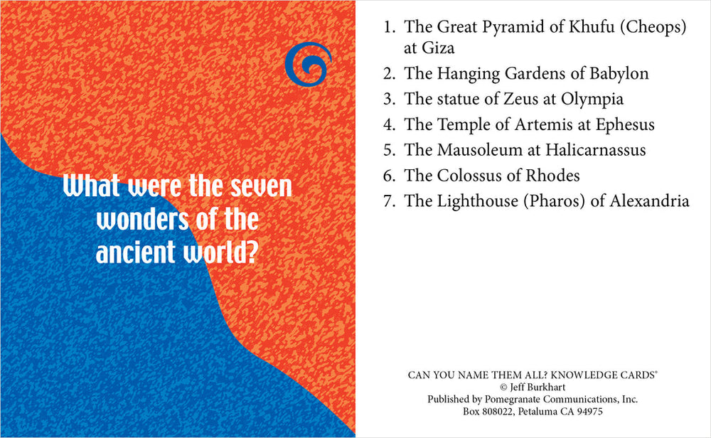 A card from the Pomegranate's "Can You Name Them All" collection listing the Seven Wonders of the Ancient World. The background is split diagonally - the left side is blue with the text "What were the seven wonders of the ancient world?" and the right side is orange with black text. Perfect for your next multiplayer quiz game!