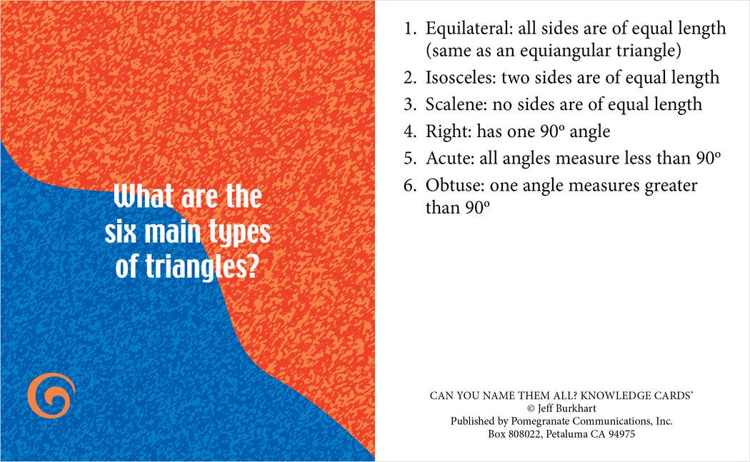 An orange and red abstract background with the text "What are the six main types of triangles?" on a blue section. The right side, designed like a Q&A deck from Pomegranate's product "Can You Name Them All," lists triangle types—Equilateral, Isosceles, Scalene, Right, Acute, and Obtuse—along with their definitions.