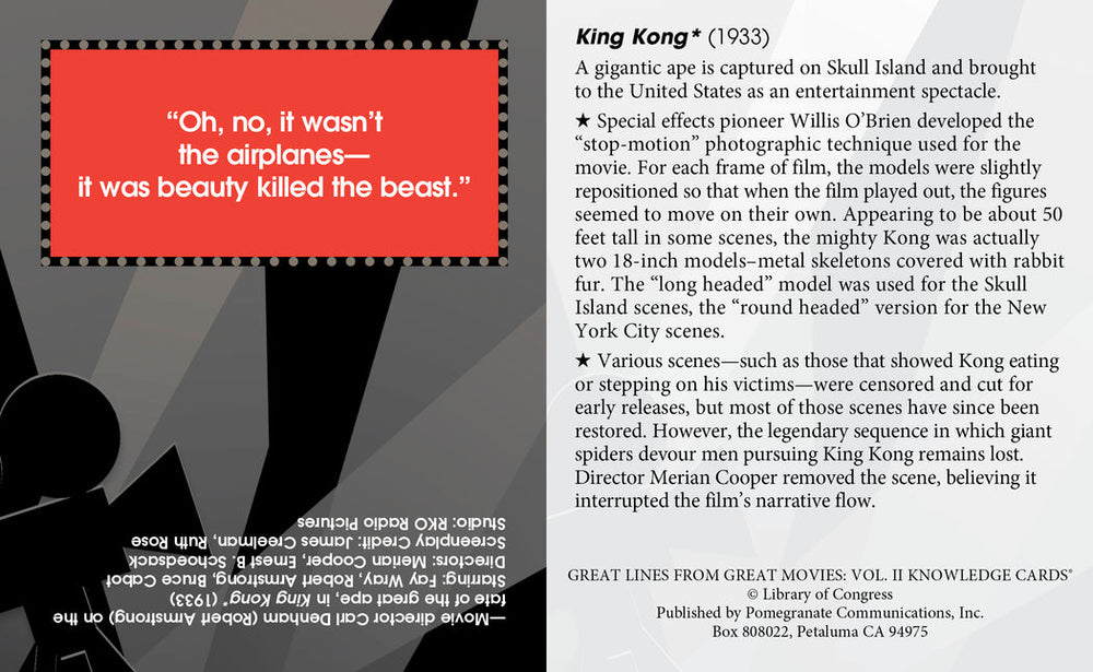 A knowledge card from "Great Lines Great Movies Vol 2" by Pomegranate for "King Kong" (1933) features a memorable line in large white text on a black background: "Oh, no, it wasn’t the airplanes—it was beauty killed the beast." The back of the card provides information about the film, production details, and notable scenes.